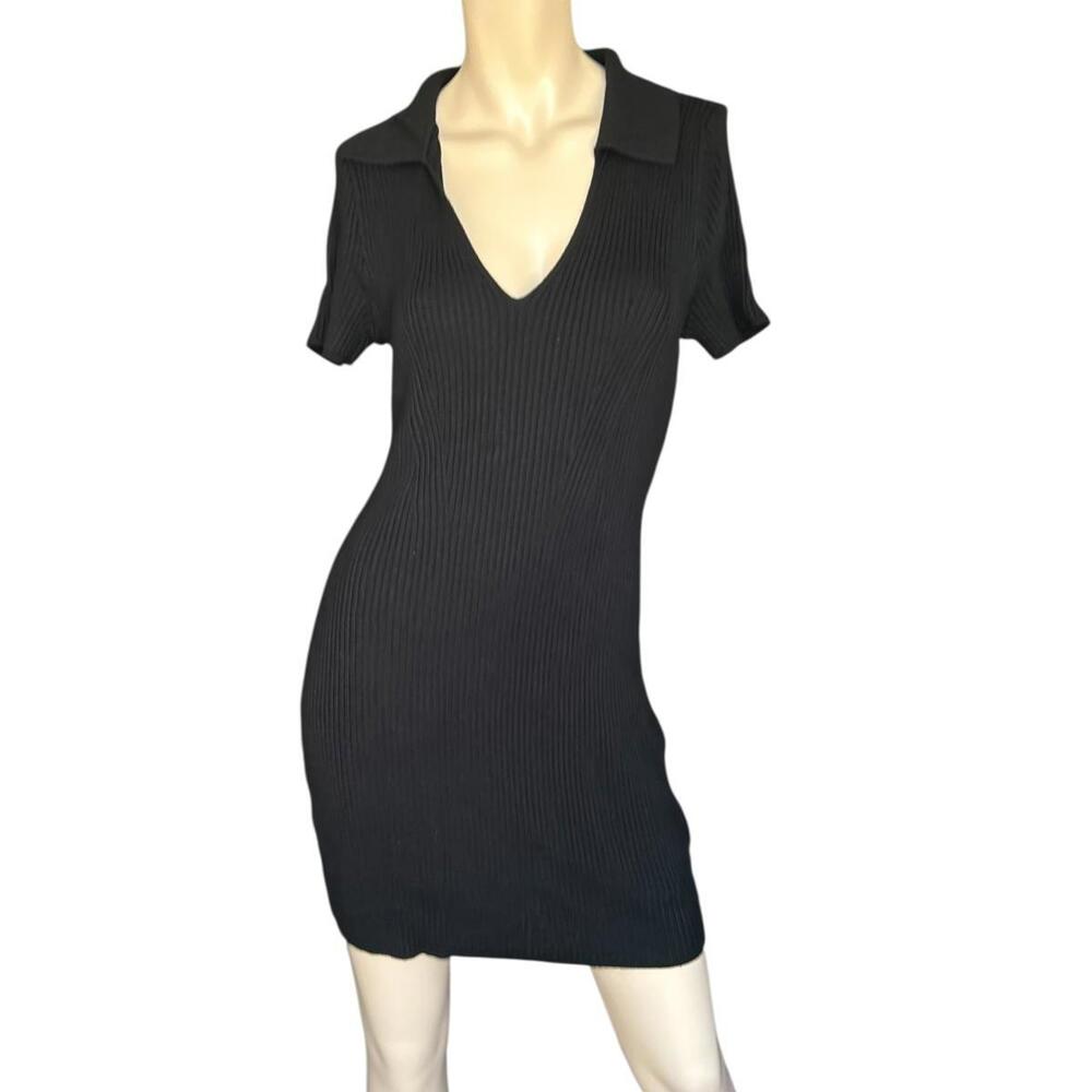 Abercrombie Ribbed Stretchy Bodycon Black Mini Shirt Dress Collar Sz M